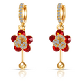 Red Floral Crystal Drop Earrings, Gold Tone Dangle Design, 1 Pair
