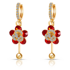 Red Floral Crystal Drop Earrings, Gold Tone Dangle Design, 1 Pair