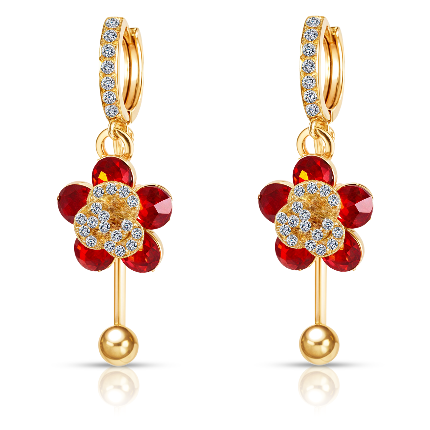 Red Floral Crystal Drop Earrings, Gold Tone Dangle Design, 1 Pair