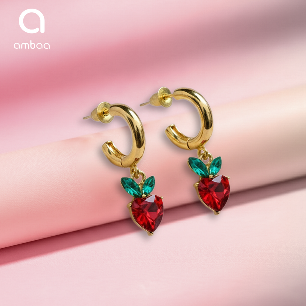 Red Heart Drop Earrings, Gold Tone Crystal Heart & Leaf Detail, 1 Pair