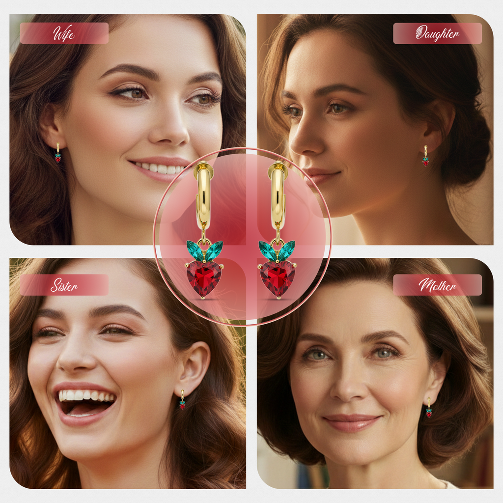 Red Heart Drop Earrings, Gold Tone Crystal Heart & Leaf Detail, 1 Pair