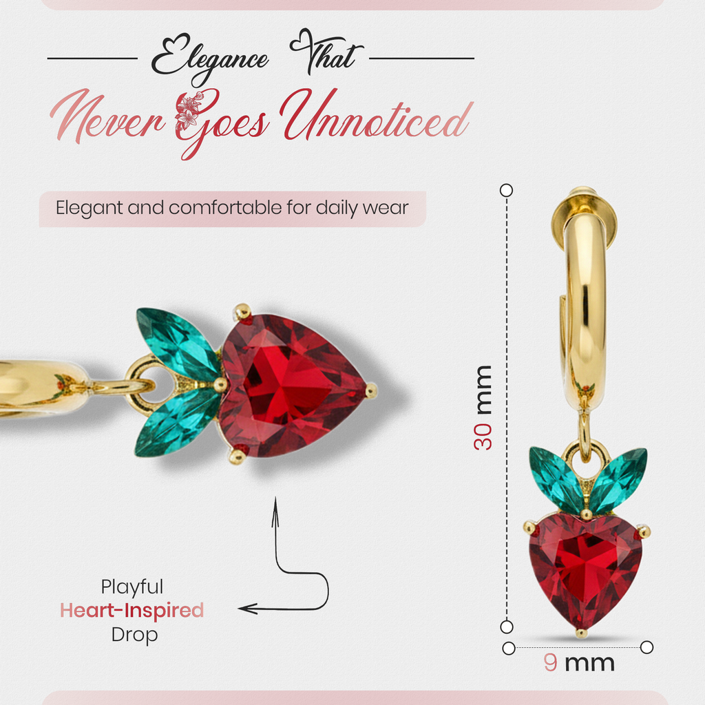 Red Heart Drop Earrings, Gold Tone Crystal Heart & Leaf Detail, 1 Pair