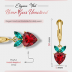 Red Heart Drop Earrings, Gold Tone Crystal Heart & Leaf Detail, 1 Pair