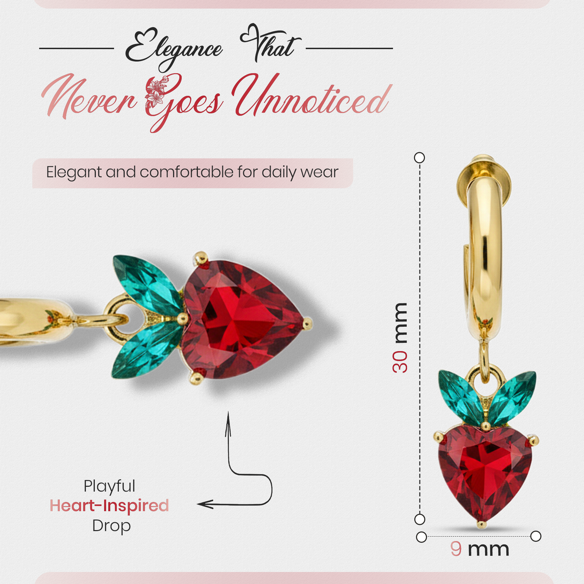 Red Heart Drop Earrings, Gold Tone Crystal Heart & Leaf Detail, 1 Pair