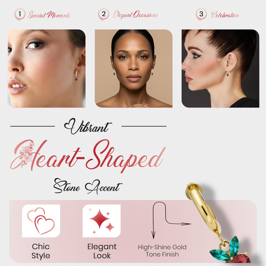 Red Heart Drop Earrings, Gold Tone Crystal Heart & Leaf Detail, 1 Pair