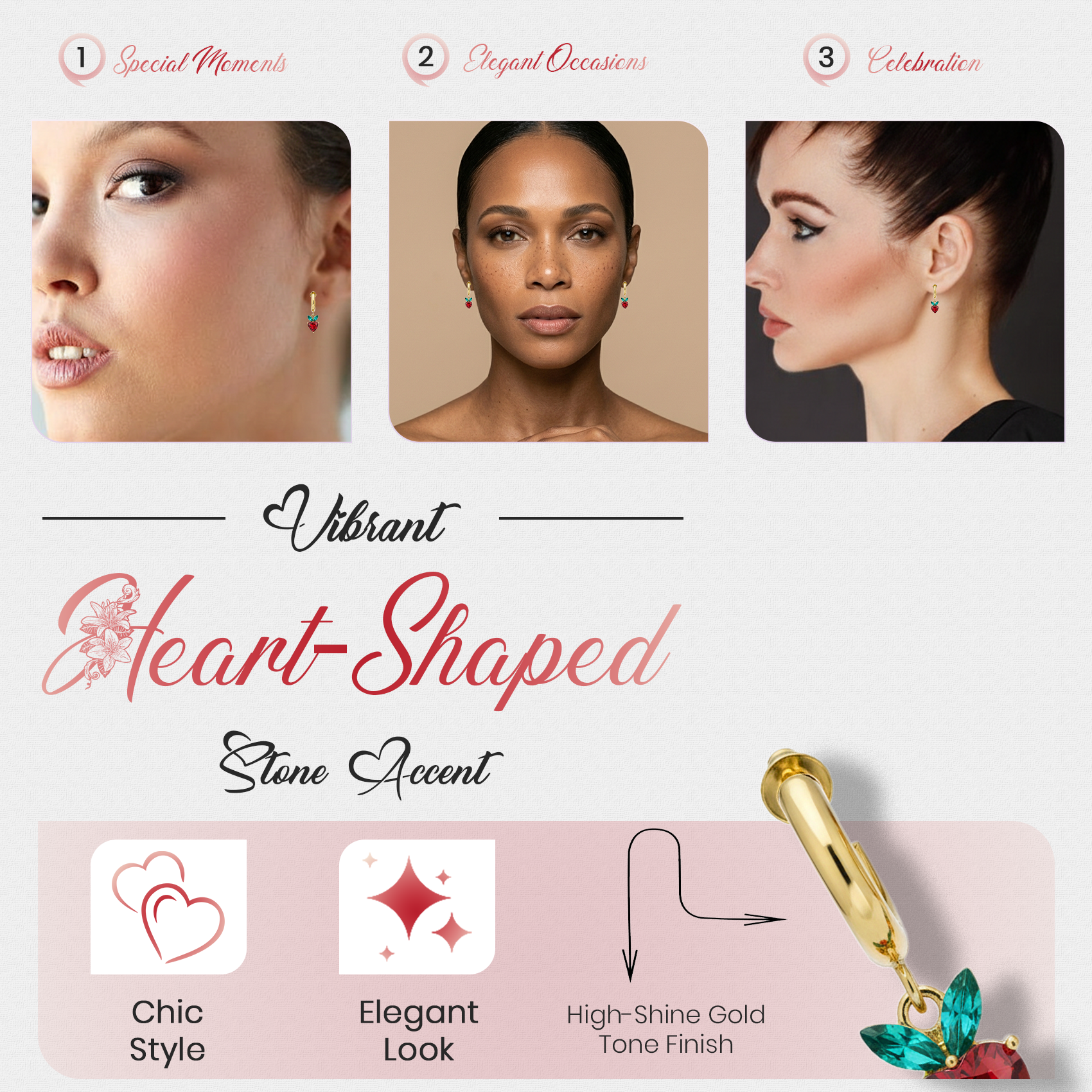 Red Heart Drop Earrings, Gold Tone Crystal Heart & Leaf Detail, 1 Pair