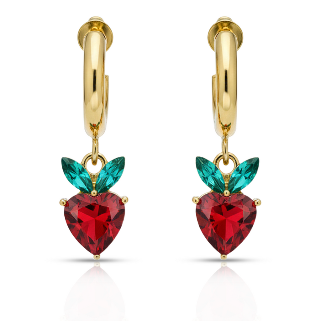 Red Heart Drop Earrings, Gold Tone Crystal Heart & Leaf Detail, 1 Pair