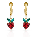 Red Heart Drop Earrings, Gold Tone Crystal Heart & Leaf Detail, 1 Pair