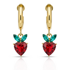 Red Heart Drop Earrings, Gold Tone Crystal Heart & Leaf Detail, 1 Pair