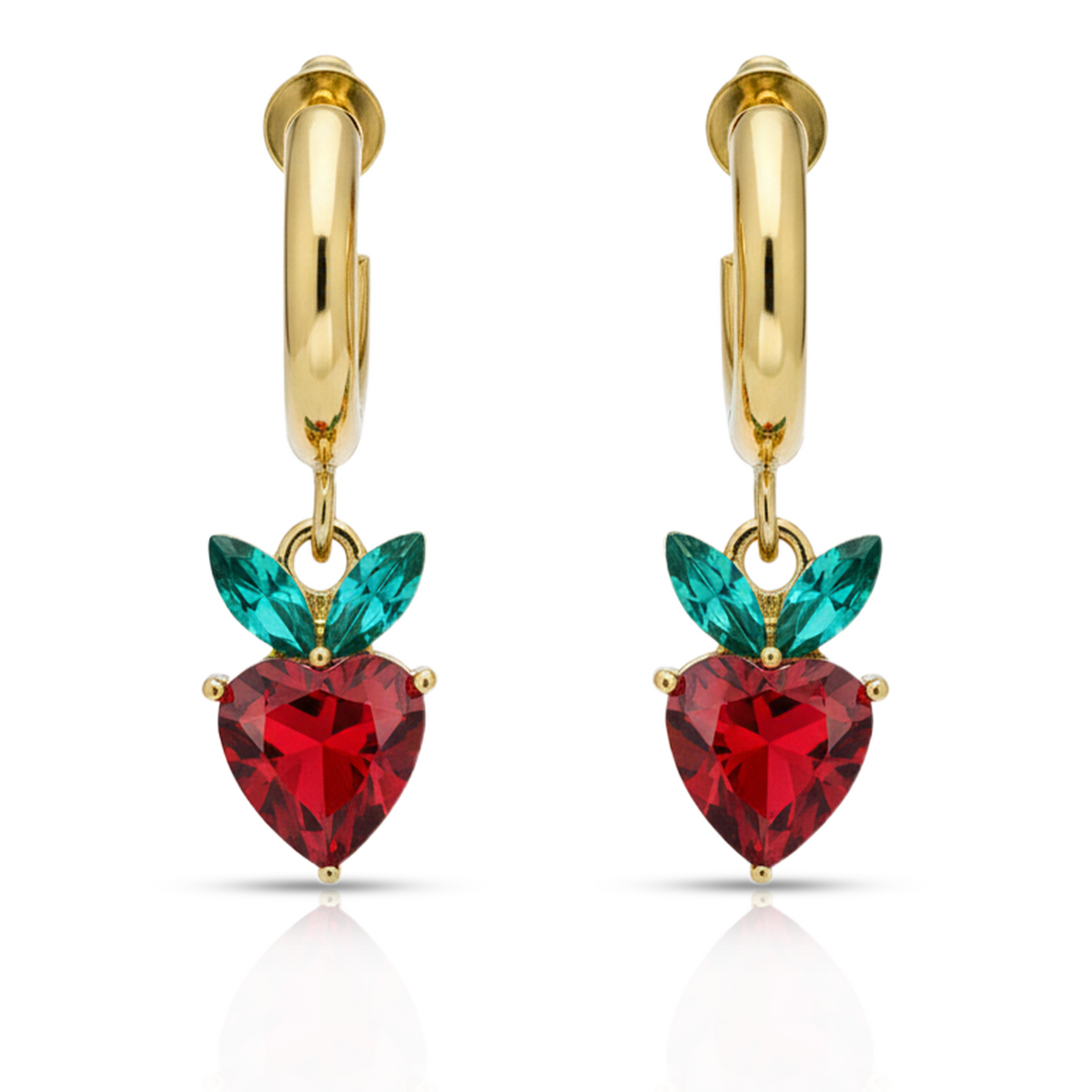 Red Heart Drop Earrings, Gold Tone Crystal Heart & Leaf Detail, 1 Pair
