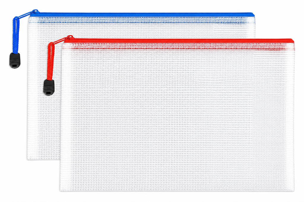 A4 clear zipper file pouch, blue and red edges, pack of 2