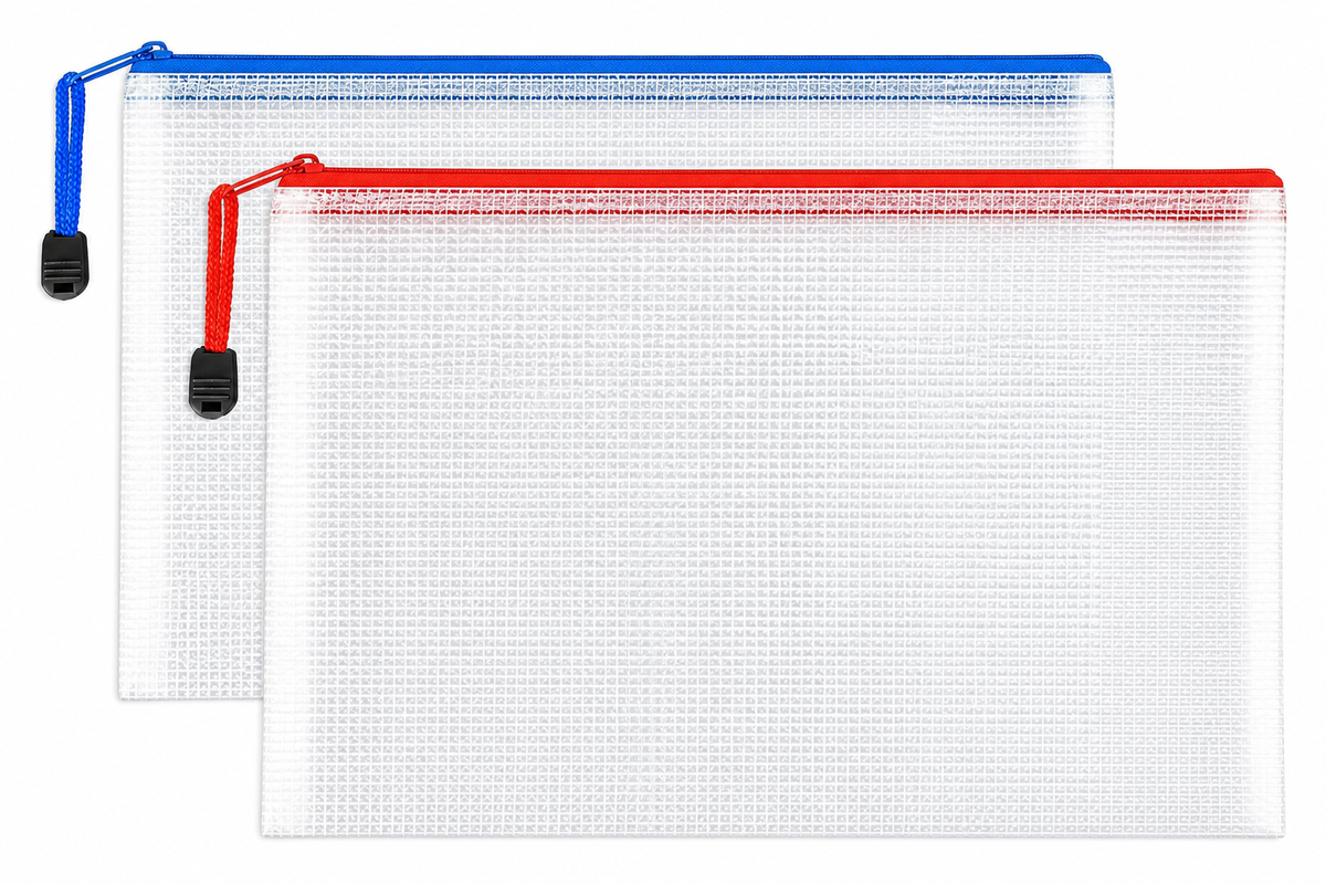 A4 clear zipper file pouch, blue and red edges, pack of 2