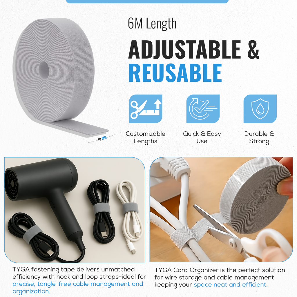 Hook & Loop Cable Management Strips, Reusable Self Adhesive Tape, 6m