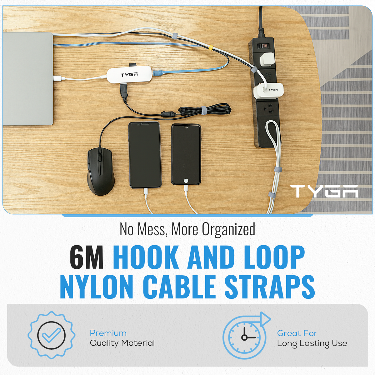 Hook & Loop Cable Management Strips, Reusable Self Adhesive Tape, 6m