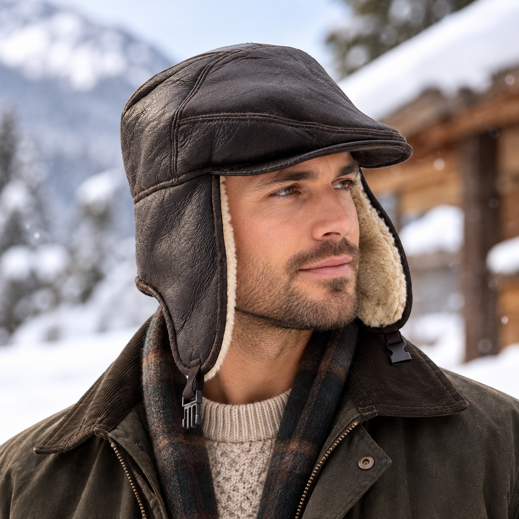 Sheepskin Aviator Cap, Ear Flaps & Clasp, Brown