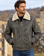 Men’s Sheepskin Flying Jacket, Centre Zip & Buckle Detail, Anthracite