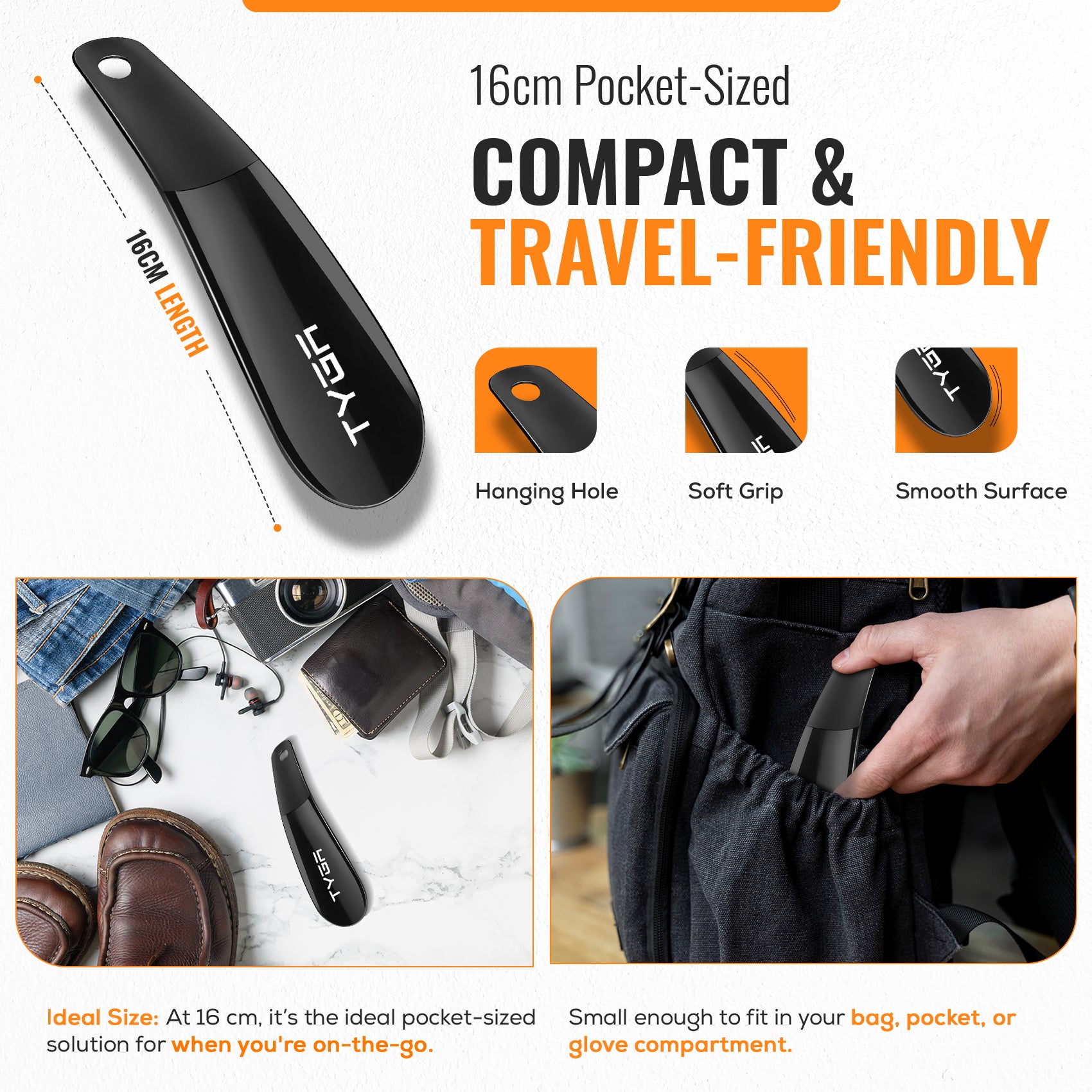 Travel Shoe Horn, Compact Design, 16cm
