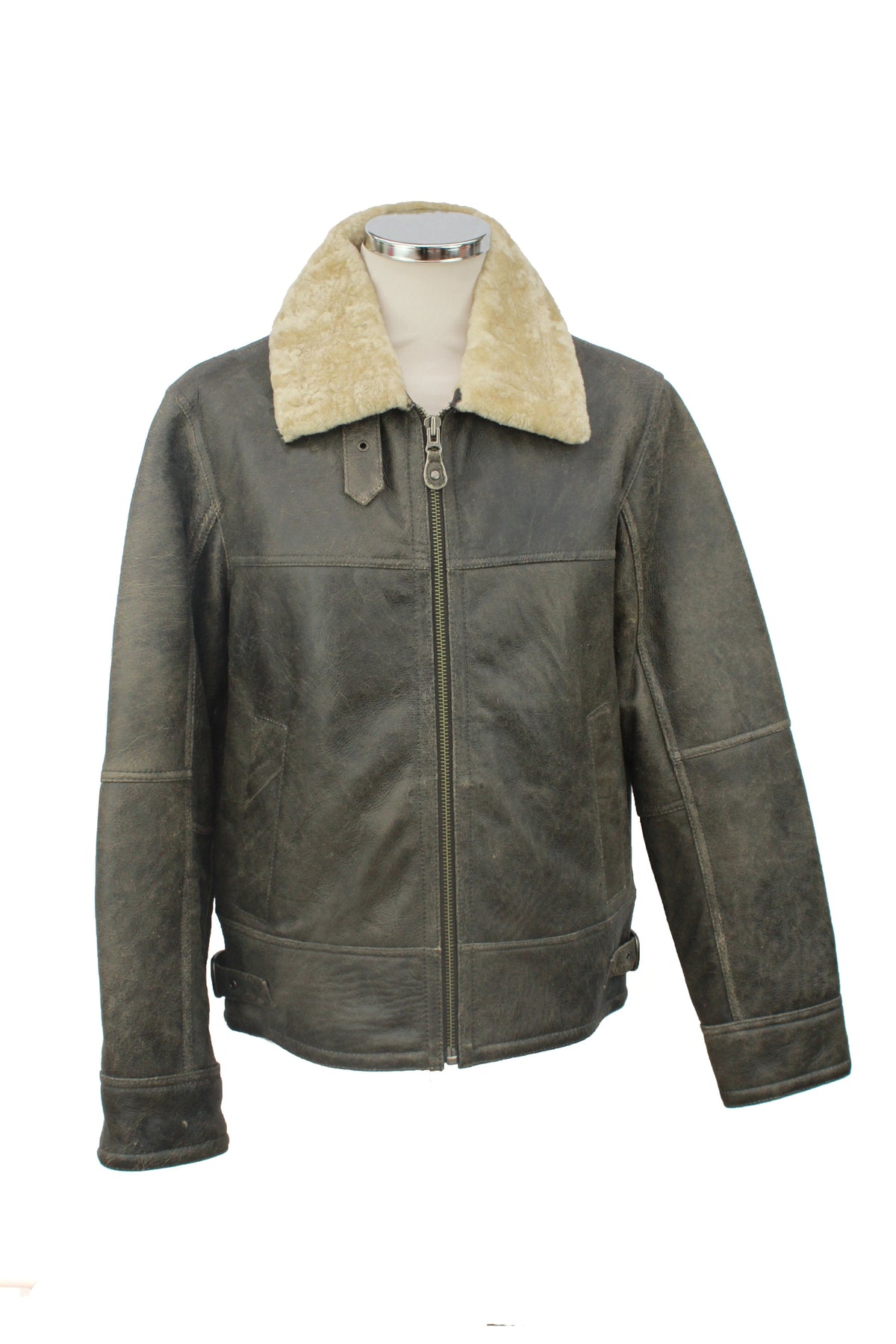 Men’s Sheepskin Flying Jacket, Centre Zip & Buckle Detail, Anthracite