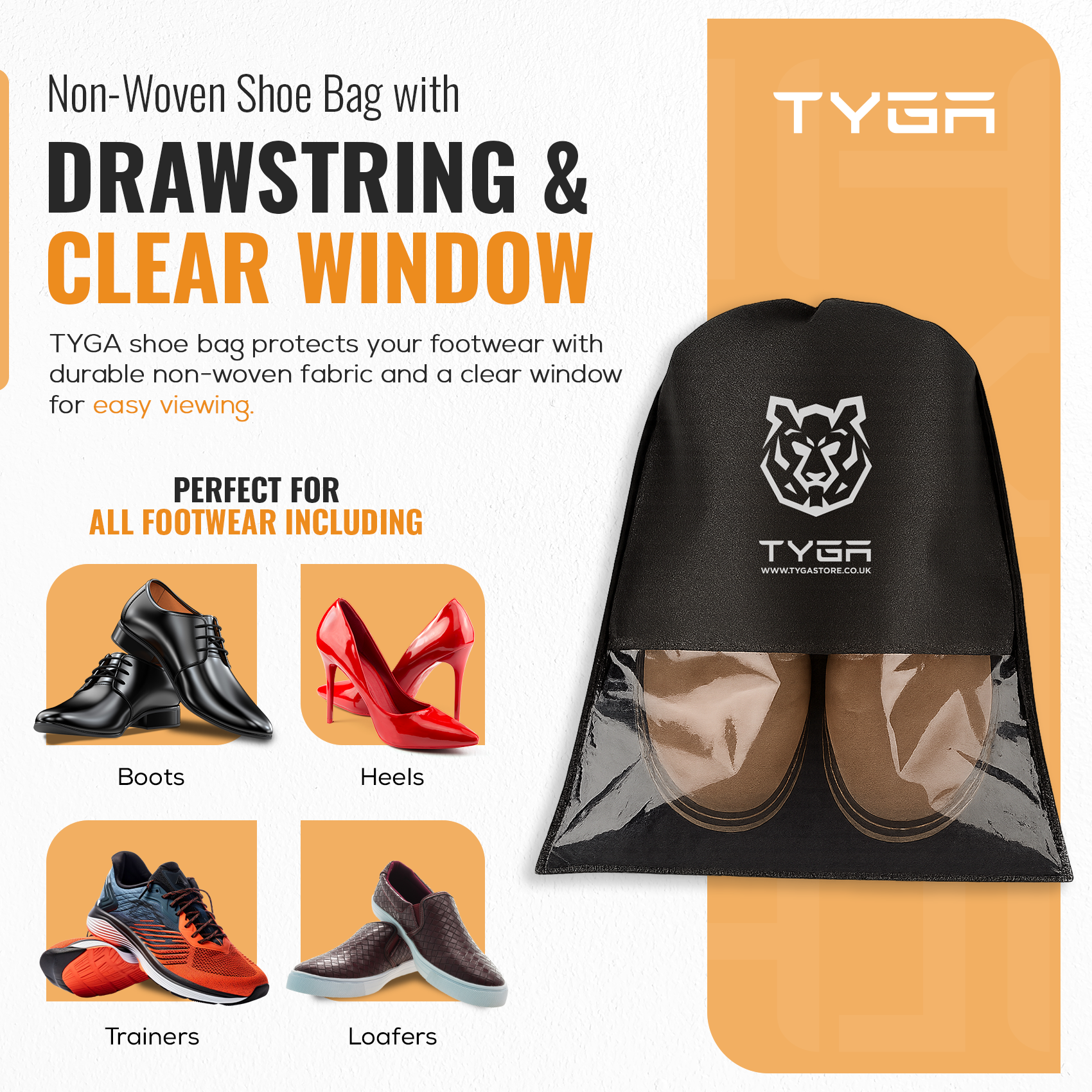 Shoe Storage Bags with Clear Window, Drawstring Design, Black, Pack of 5