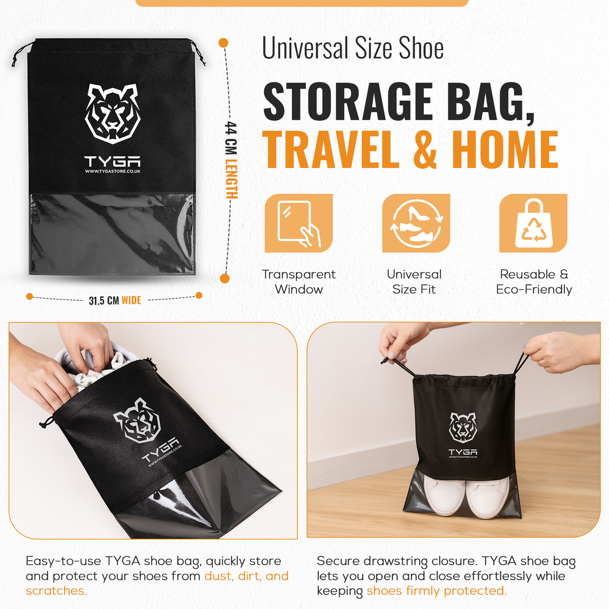 Shoe Storage Bags with Clear Window, Drawstring Design, Black, Pack of 5