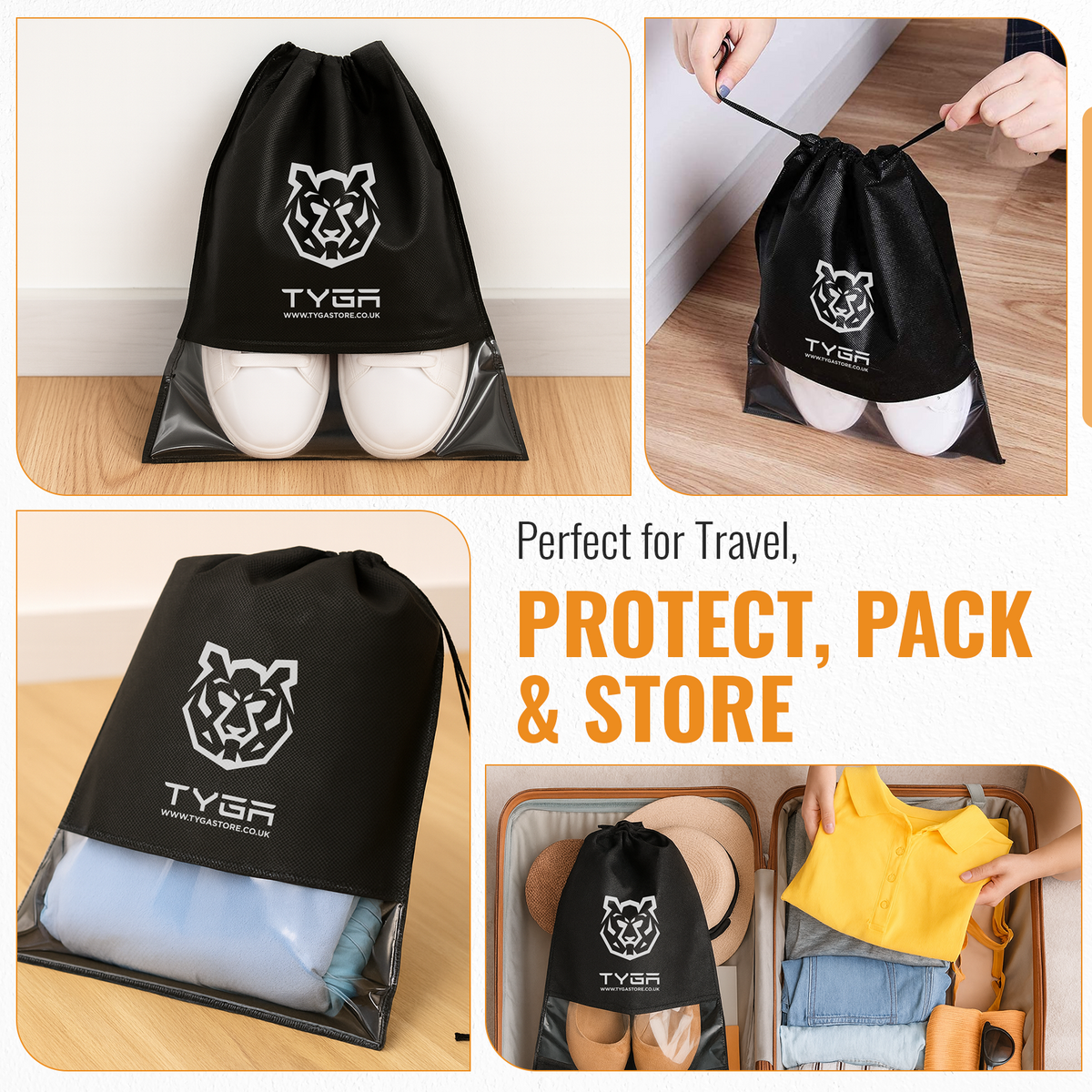 Shoe Storage Bags with Clear Window, Drawstring Design, Black, Pack of 5