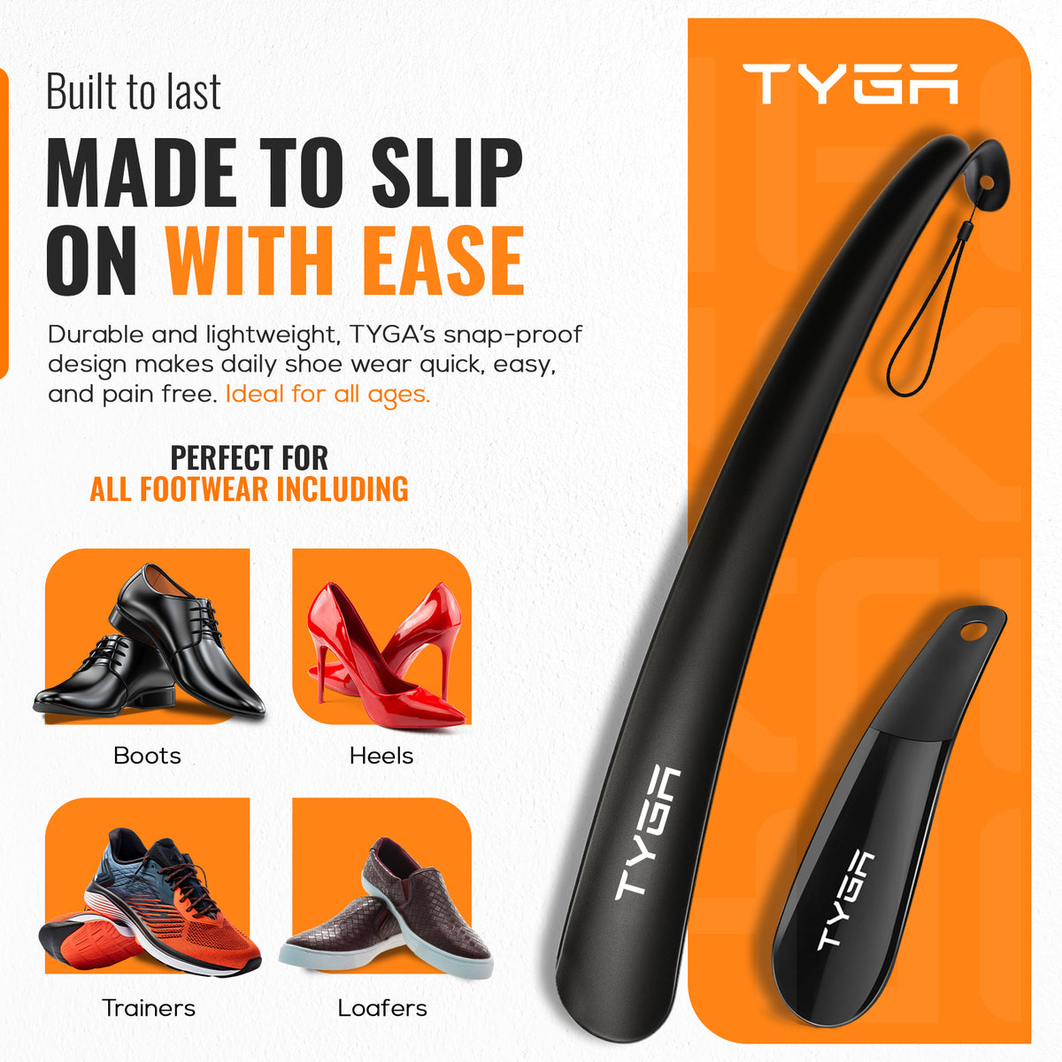 Plastic Shoe Horn Set, Snap Proof Flexible Design, 16cm & 43cm