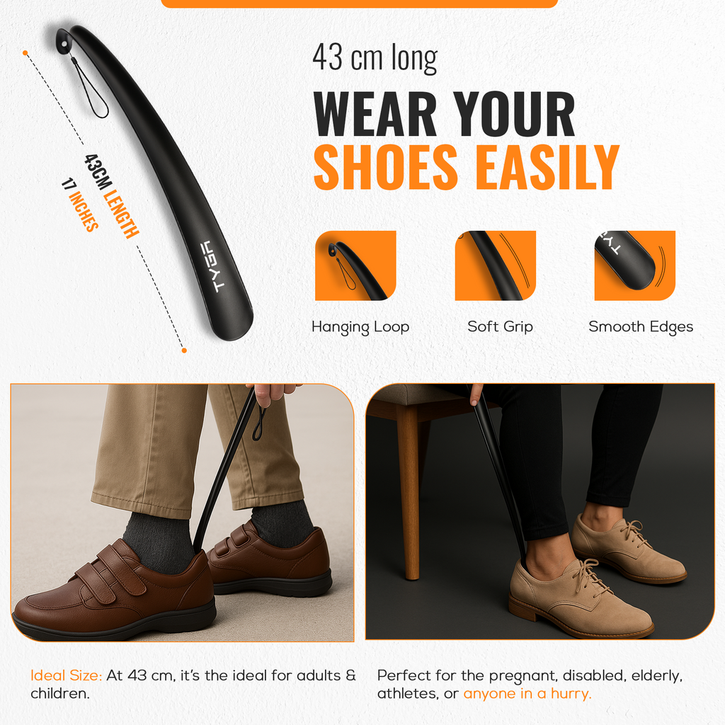 Plastic Shoe Horn Set, Snap Proof Flexible Design, 16cm & 43cm