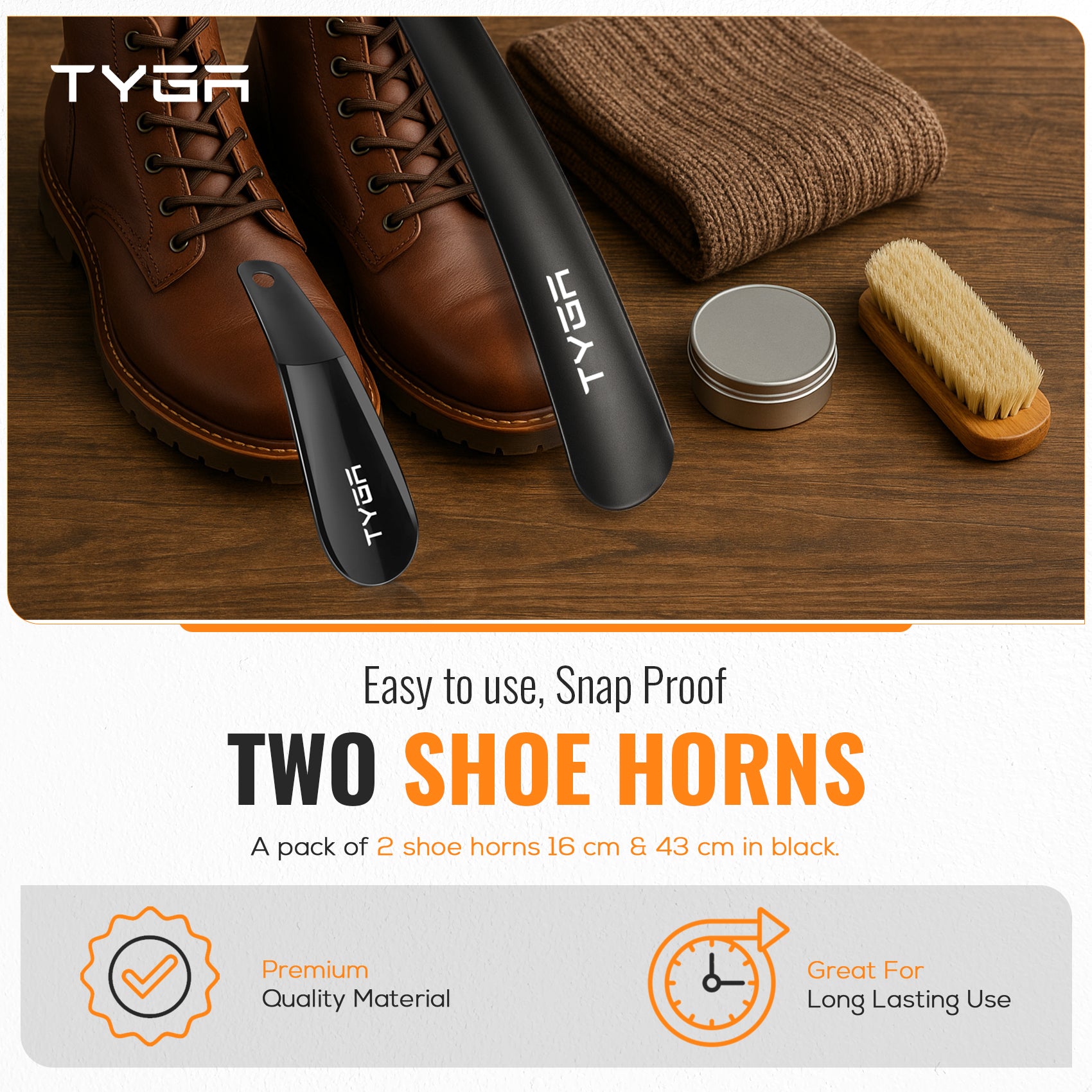 Plastic Shoe Horn Set, Snap Proof Flexible Design, 16cm & 43cm