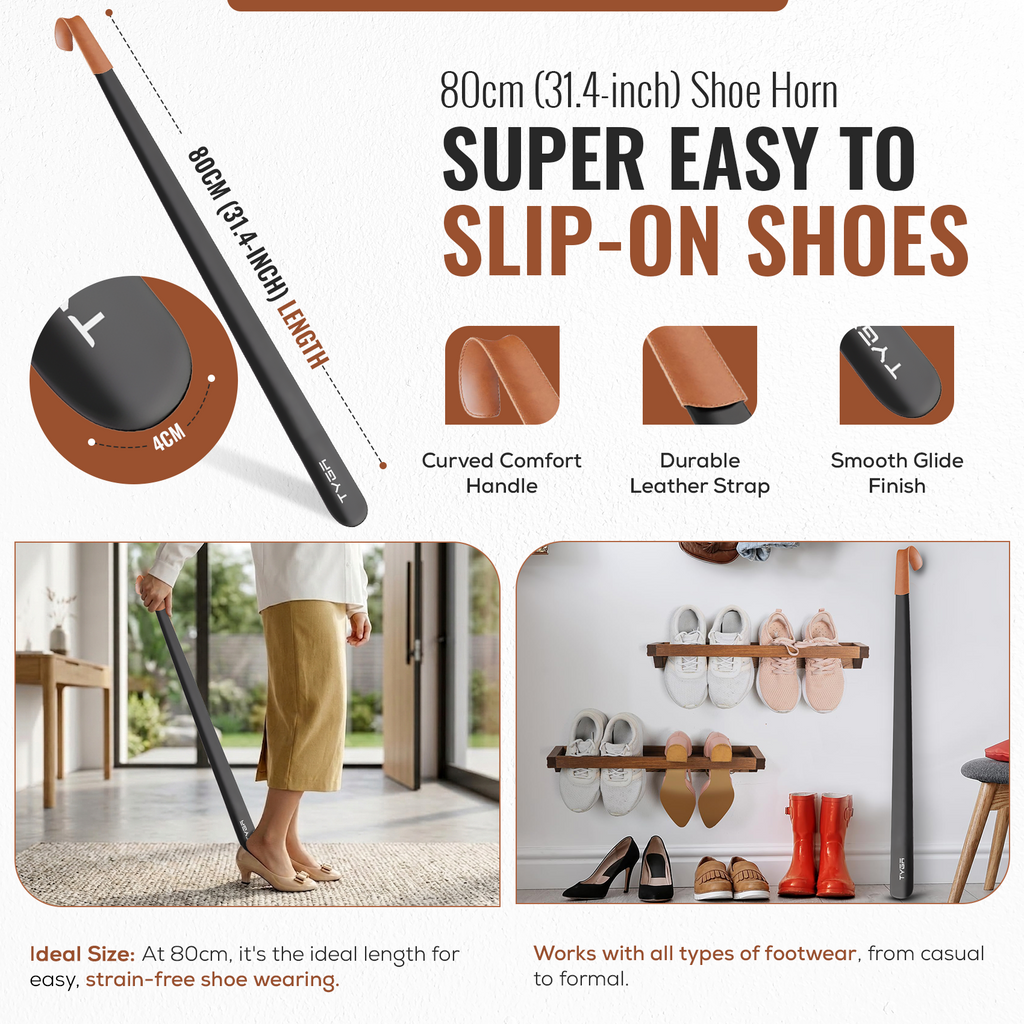 Extra Long Metal Shoe Horn with Leather Strap, 80cm
