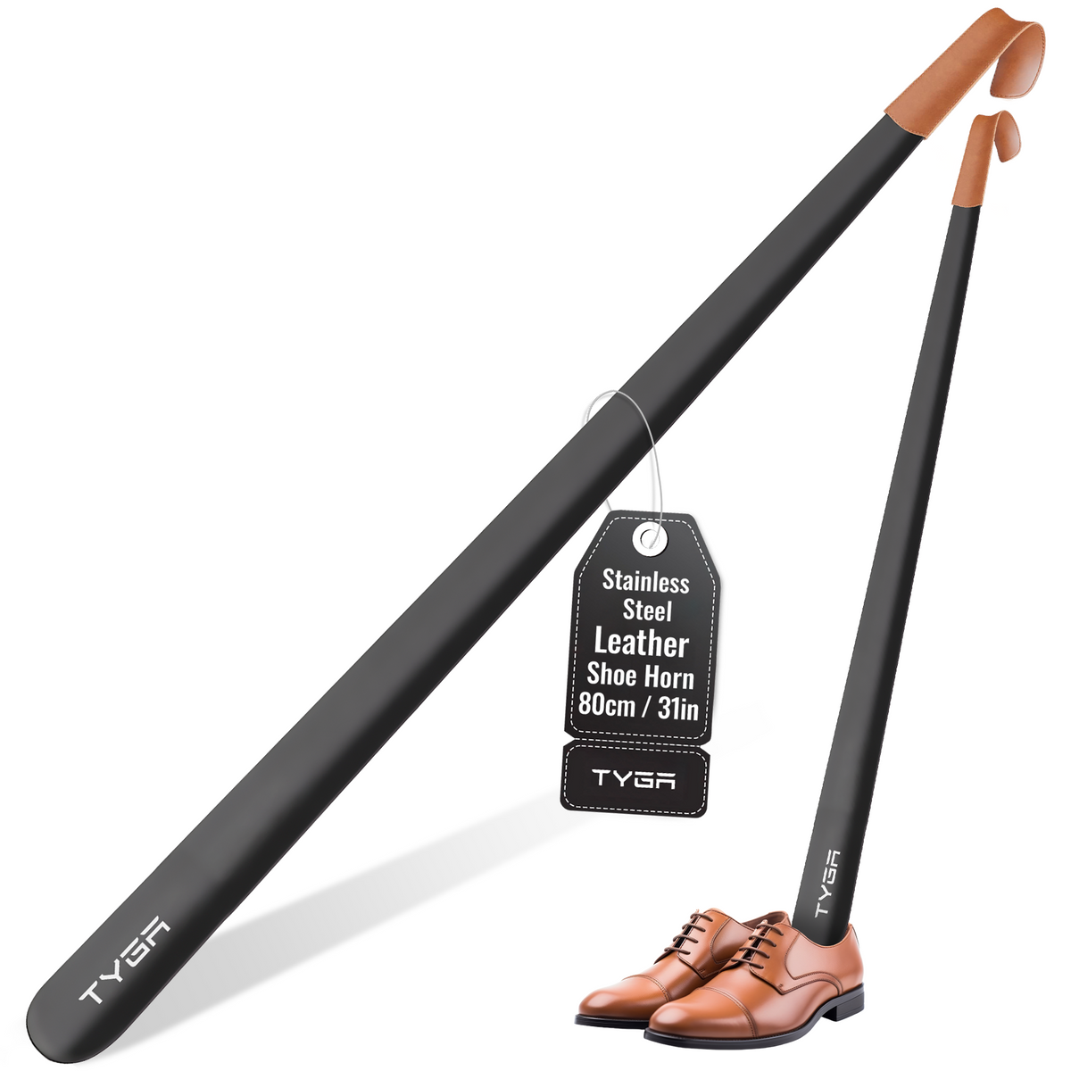 Extra Long Metal Shoe Horn with Leather Strap, 80cm