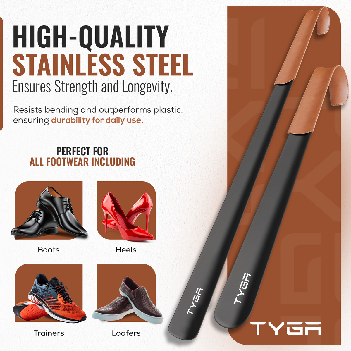 Metal Shoe Horn Set, Extra Long Handles, Leather Strap, 42cm & 58cm