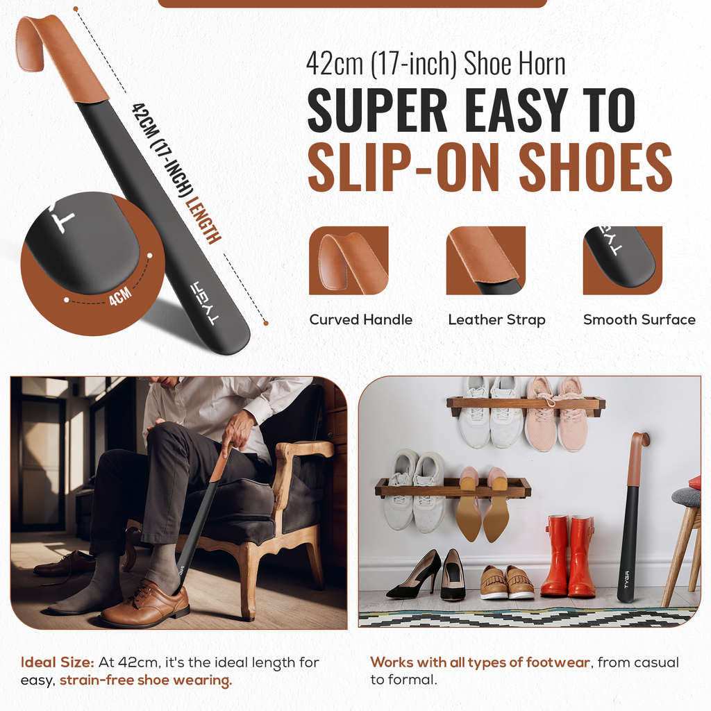 Metal Shoe Horn Set, Extra Long Handles, Leather Strap, 42cm & 58cm