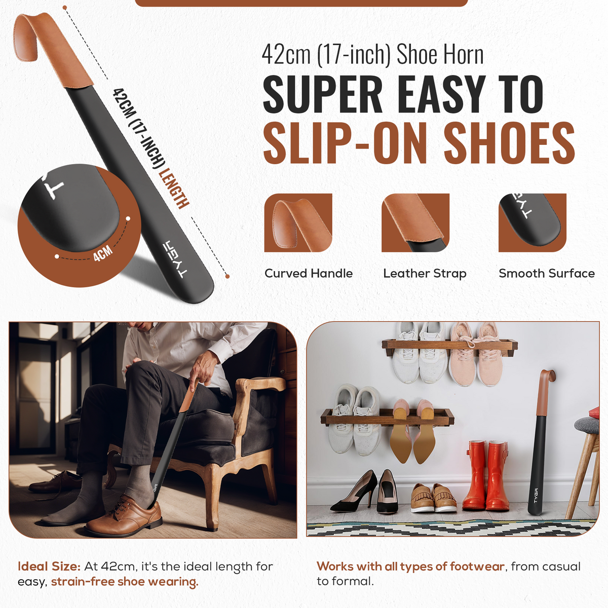 Metal Shoe Horn Set, Extra Long Handles, Leather Strap, 42cm & 58cm