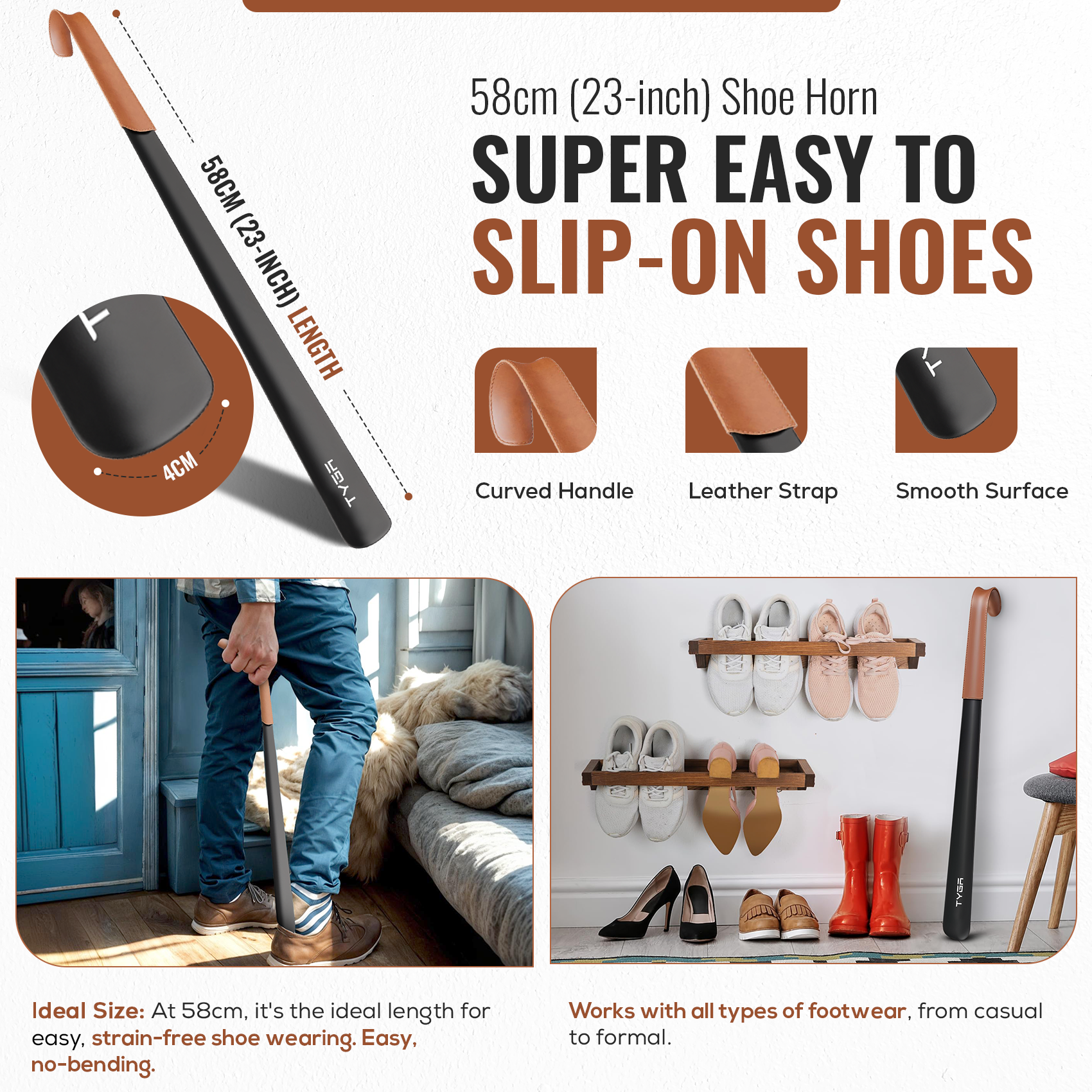 Metal Shoe Horn Set, Extra Long Handles, Leather Strap, 42cm & 58cm