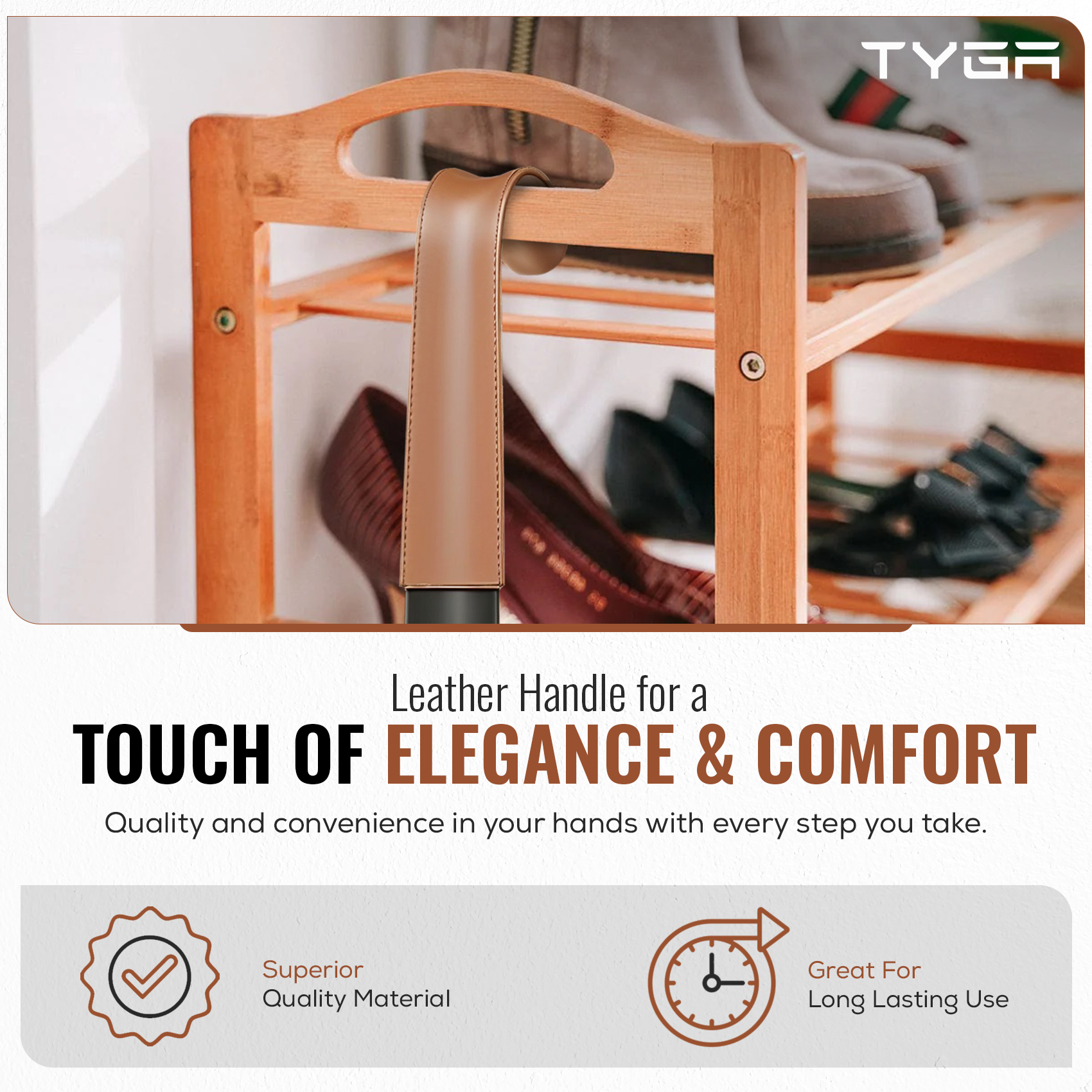 Metal Shoe Horn Set, Extra Long Handles, Leather Strap, 42cm & 58cm