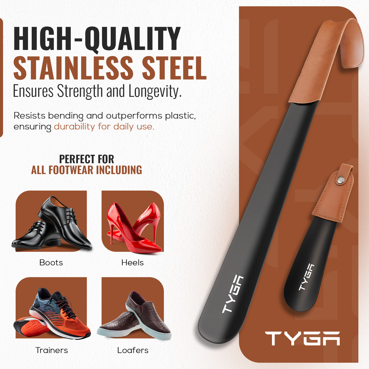 Metal Shoe Horn Set, Long Handled with Leather Strap, 17cm & 42cm