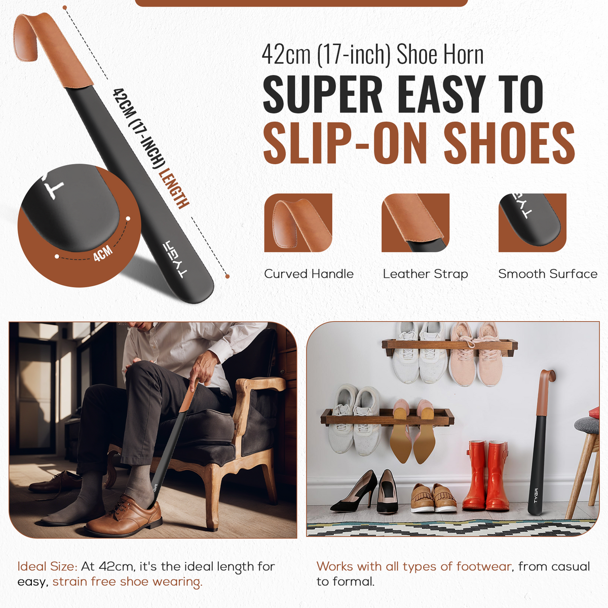 Metal Shoe Horn Set, Long Handled with Leather Strap, 17cm & 42cm