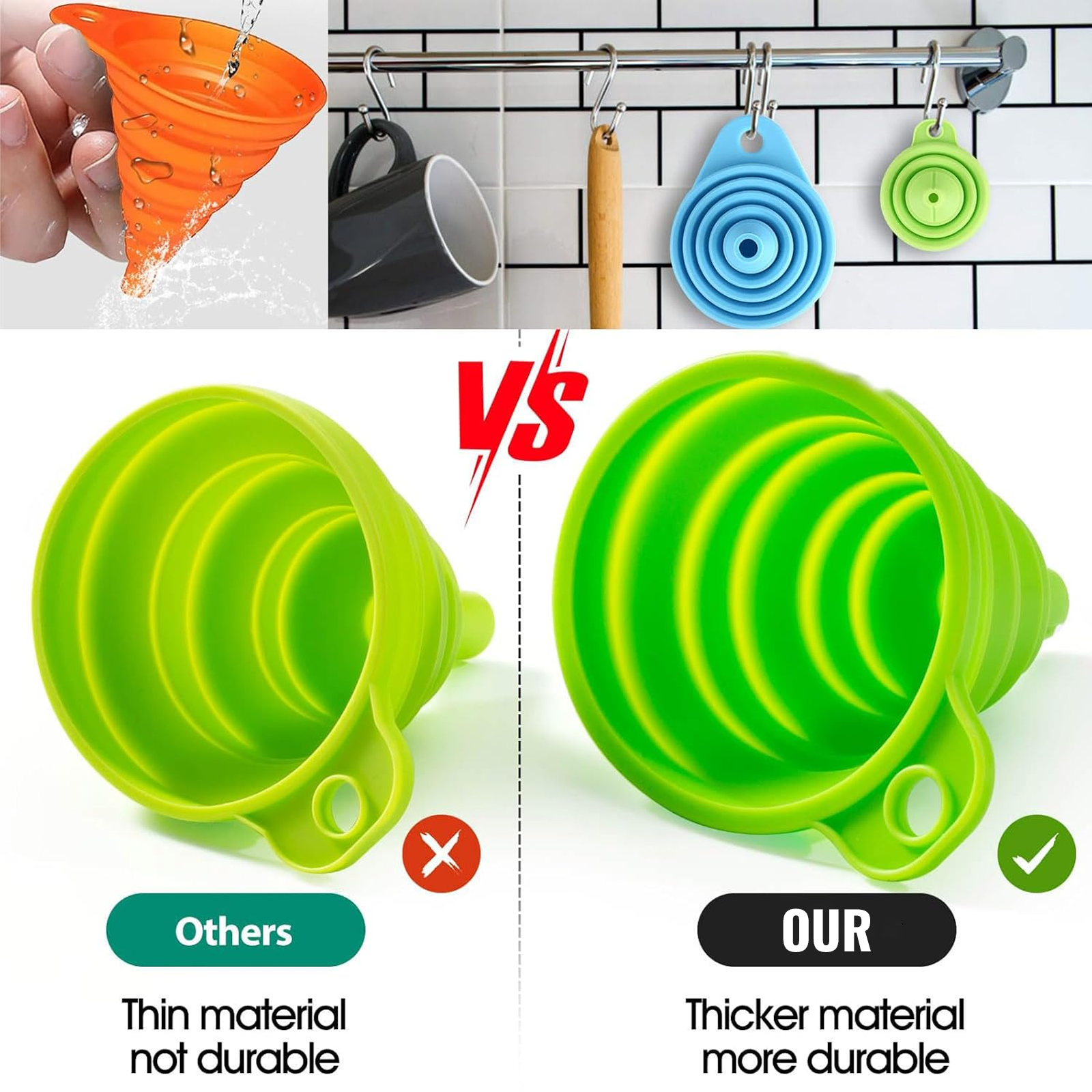 Collapsible Silicone Funnel with Lids, Easy Pour Design, Pack of 1