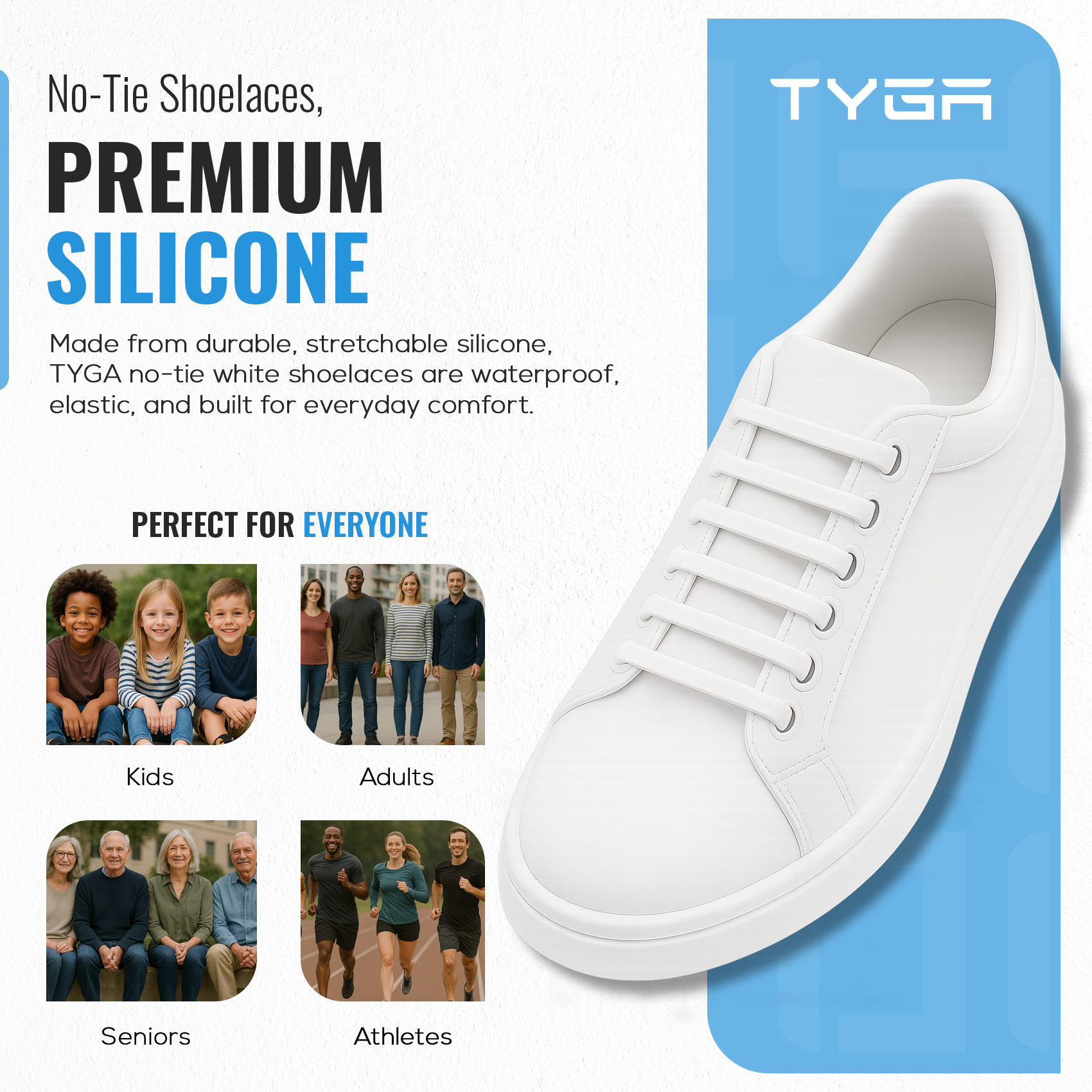 No-Tie Silicone Elastic Shoelaces, Waterproof Flat Design, Pack of 16
