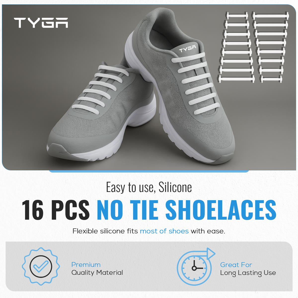 No-Tie Silicone Elastic Shoelaces, Waterproof Flat Design, Pack of 16