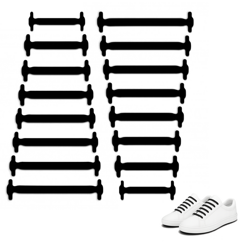 Pack of black no-tie silicone elastic shoelaces with flat ribbed loop bars