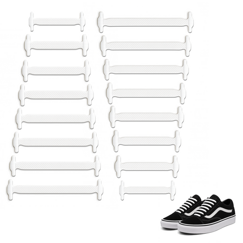 Pack of white no-tie silicone elastic shoelaces with flat ribbed loop bars