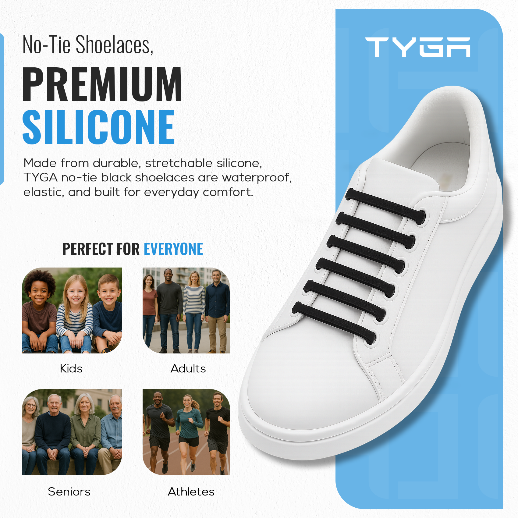 No-Tie Silicone Elastic Shoelaces, Waterproof Flat Design, Pack of 16
