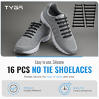 No-Tie Silicone Elastic Shoelaces, Waterproof Flat Design, Pack of 16
