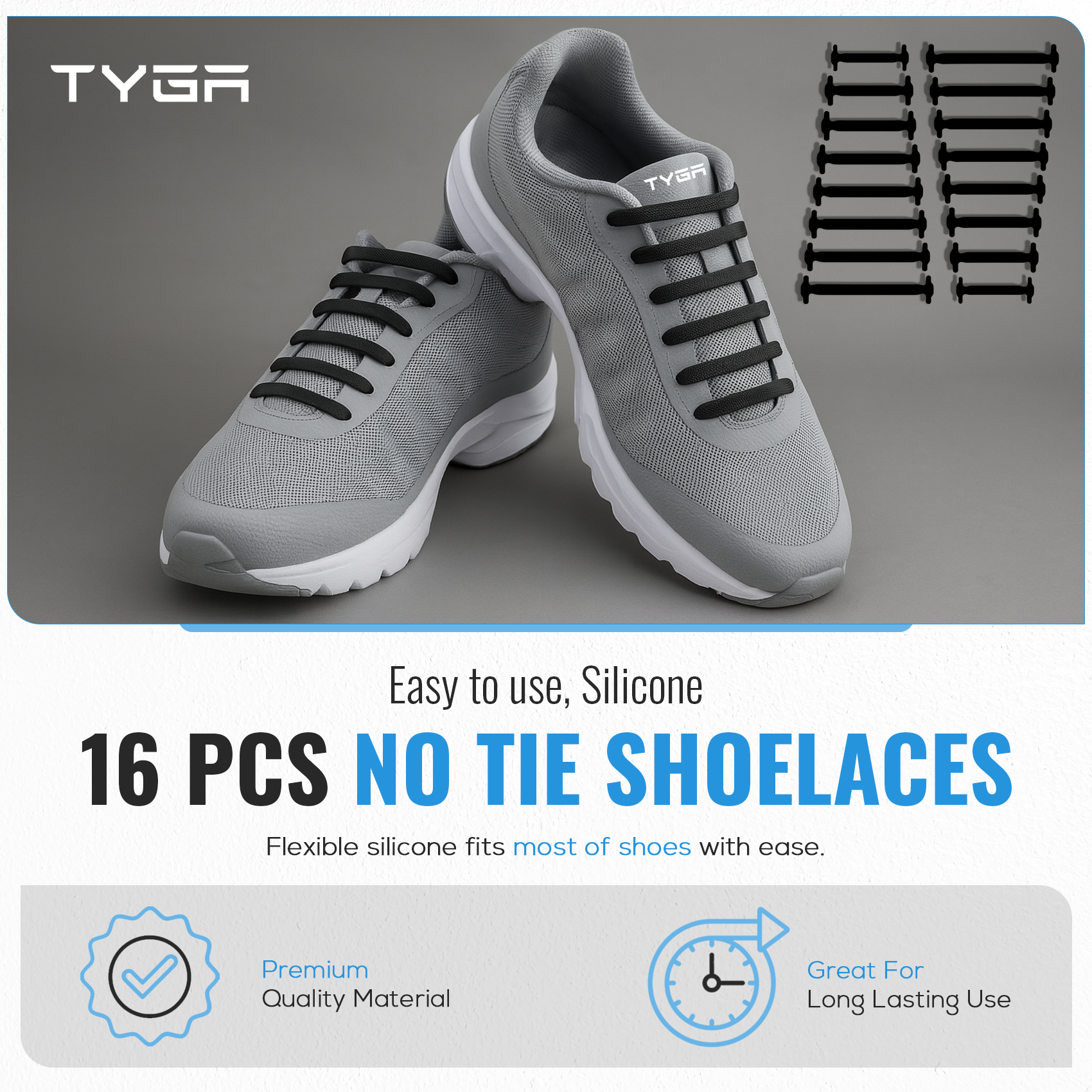 No-Tie Silicone Elastic Shoelaces, Waterproof Flat Design, Pack of 16