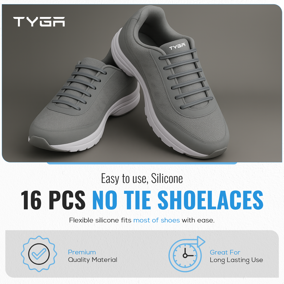 No-Tie Silicone Elastic Shoelaces, Waterproof Flat Design, Pack of 16