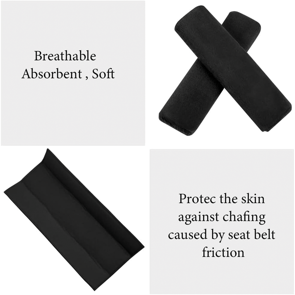 Car Seat Belt Covers, Soft Plush Cushion Pads, Black, 1 Pair