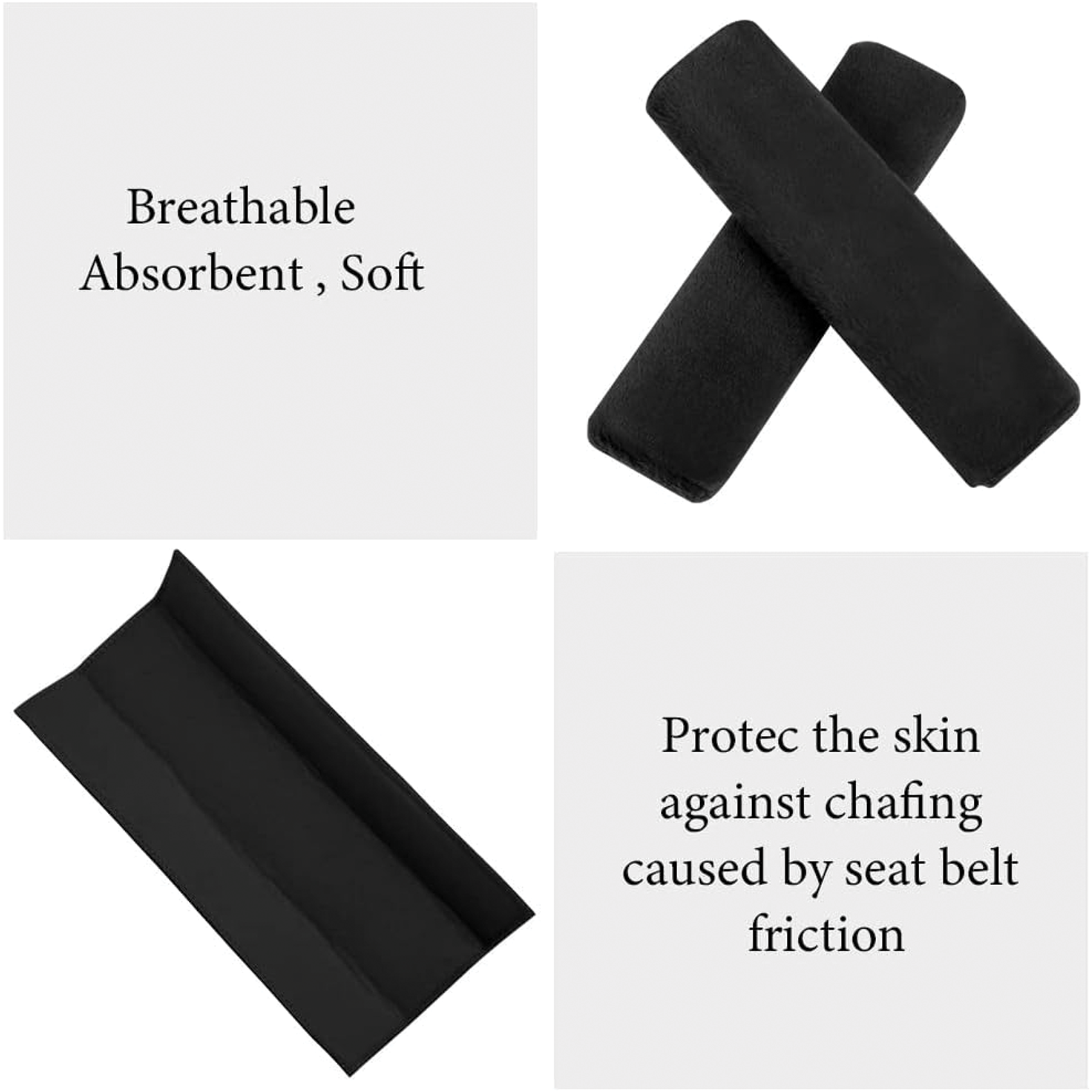 Car Seat Belt Covers, Soft Plush Cushion Pads, Black, 1 Pair