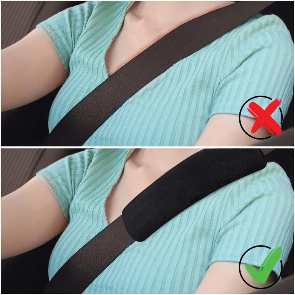 Car Seat Belt Covers, Soft Plush Cushion Pads, Black, 1 Pair