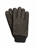 Brown suede knit gloves with ribbed knit cuff and smooth suede finger sections